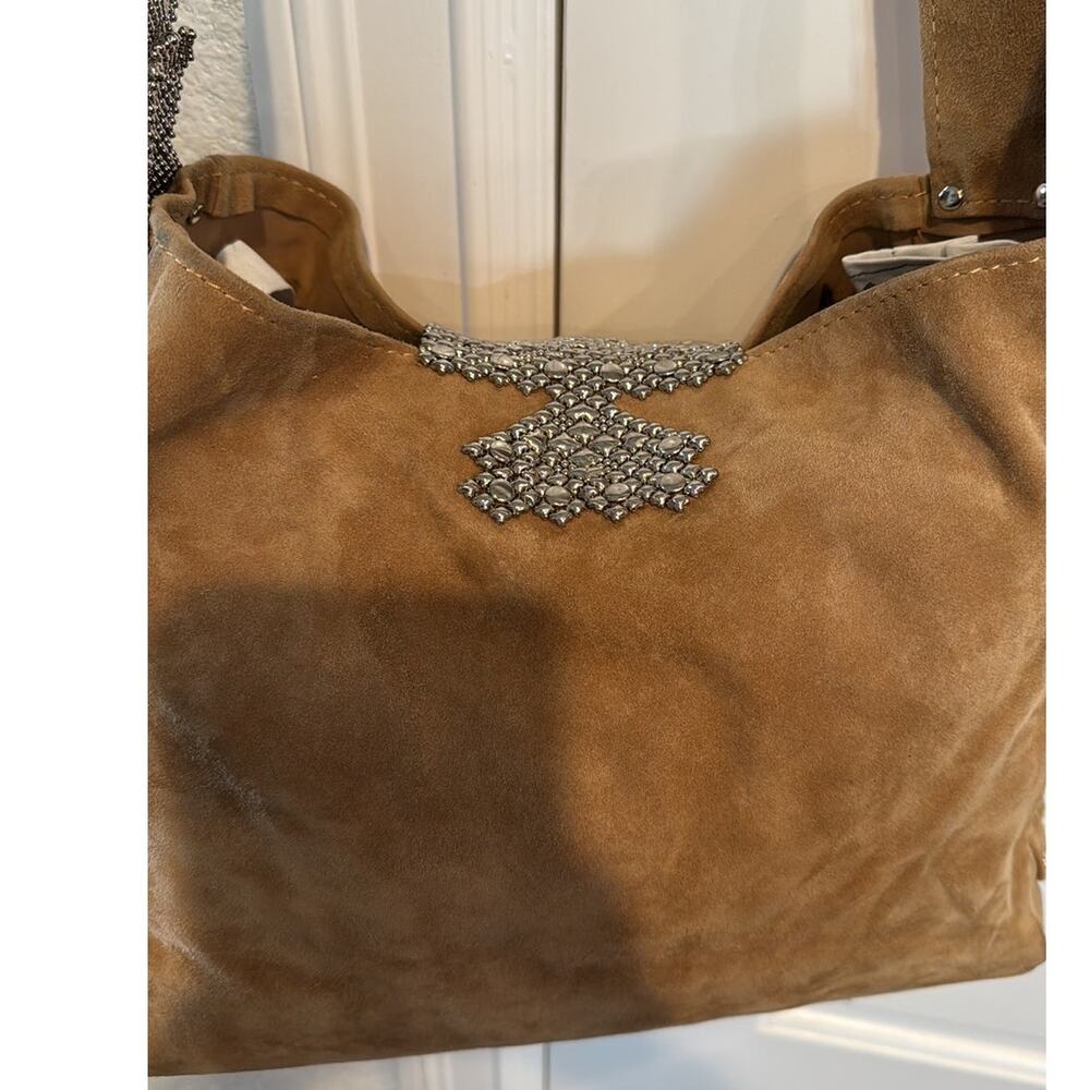 Sergio Gutierrez Liquid Metal collection camel suede crossbody shoulder bag - Picture 8 of 16